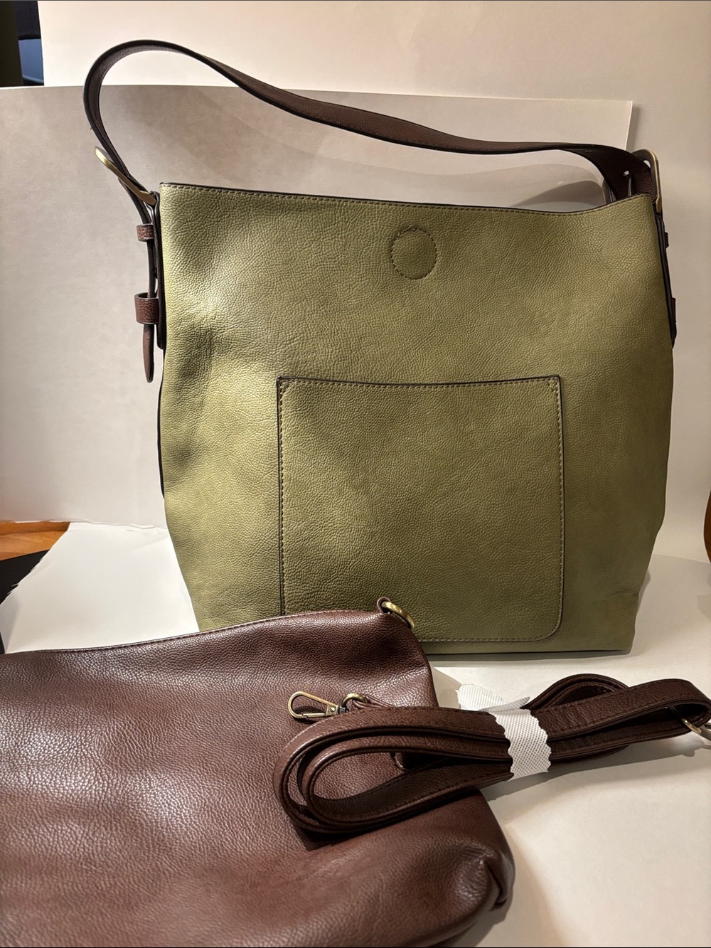 Joy Susan Olive Green Shoulder Bag with Brown Strap